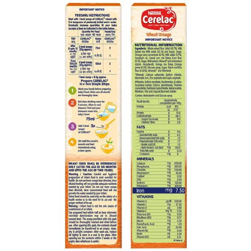 Nestle Cerelac Baby Cereal with Milk, Wheat Orange, From 8 To 24 Months, 300 g (Pack of 2)-3.webp